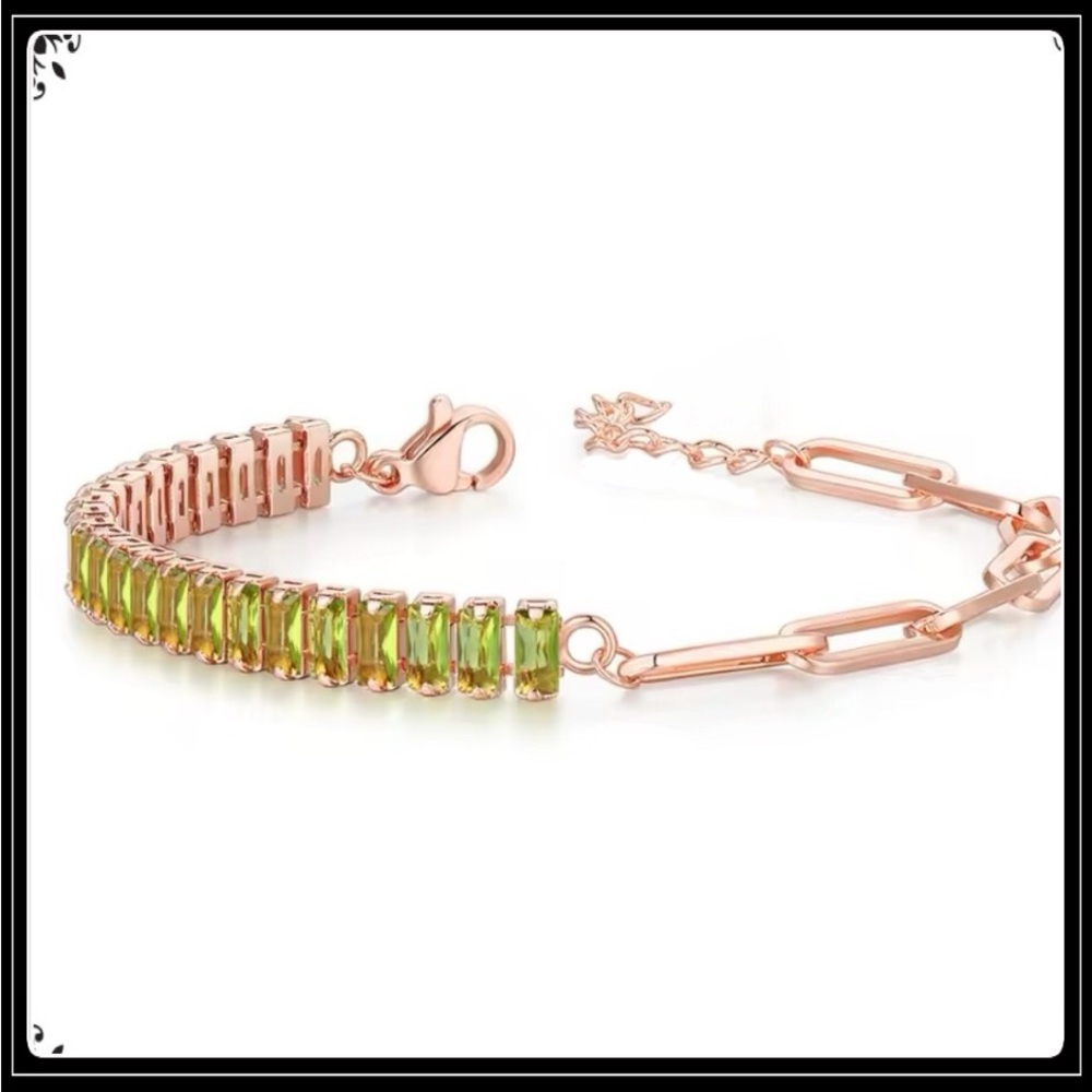 Clearance! ROSE GOLD PAPERCLIP OLIVE BAGUETTE SIMULATED PERIDOT TENNIS BRACELET
